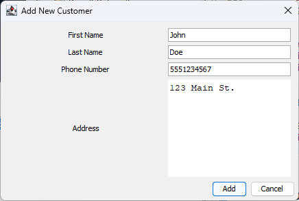 Screenshot of add Customer function